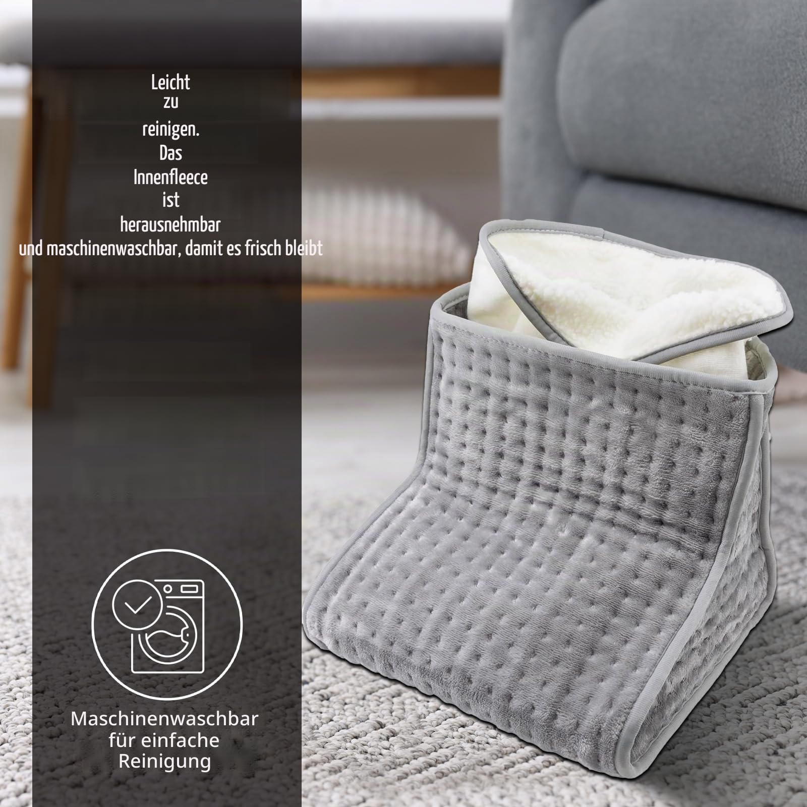 Sensio Spa Fußwärmer, warm und gemütlich, grau, elektrische Fußheizung für kalte Füße, 4 Temperatureinstellungen, weiches Plüsch-Fleece, schnelles Aufheizen, waschbar, Schutz vor