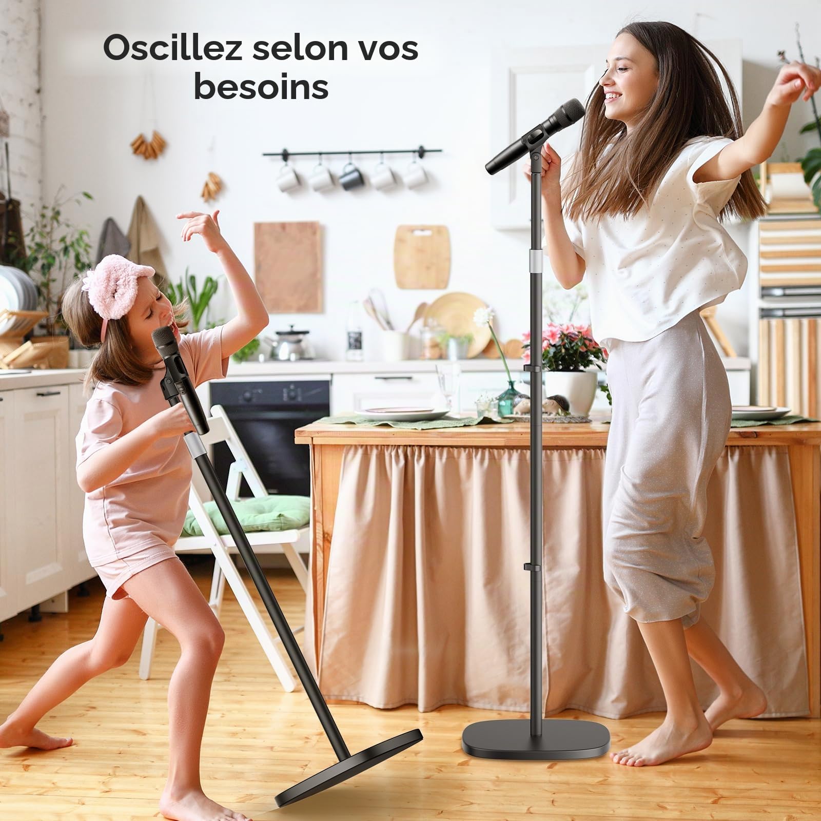 Support de Microphone - Pied de Micro Universel avec Base Ponderée Compacte, 2 Clipss Universels, Hauteur Réglable de 55 à 170 cm Pour Karaoké, Spectacles, Animations en Extérieur et Scènes
