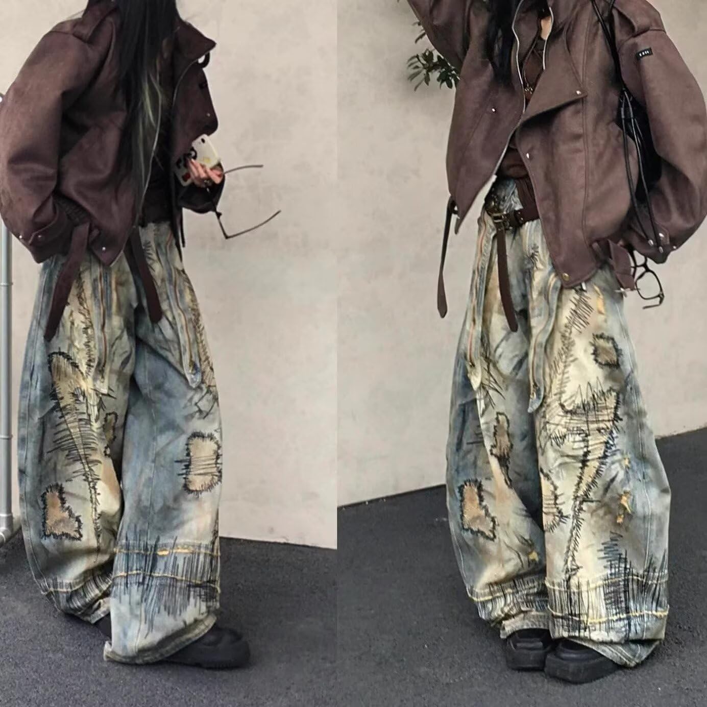 Womens Y2k Street Embroidered Denim Pants Oversized Retro Loose Casual Wide Leg Jeans