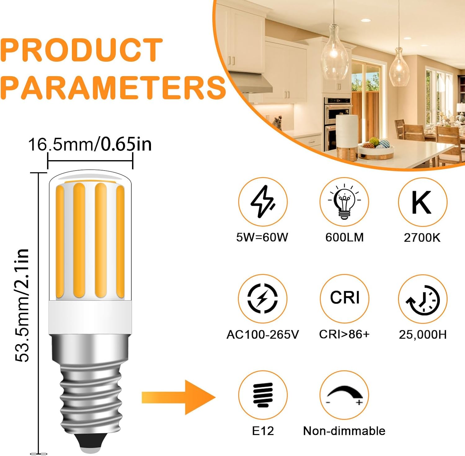 E12 LED Bulbs, E12 Candelabra Bulb C7 Chandelier Bulb C37 LED Fan Light Bulbs Kx-2000 Bulbrite Replacement, 5W Equivalent to 60W Incandescent Bulb 600LM AC120V, 2 Pack (Warm White 3000K)