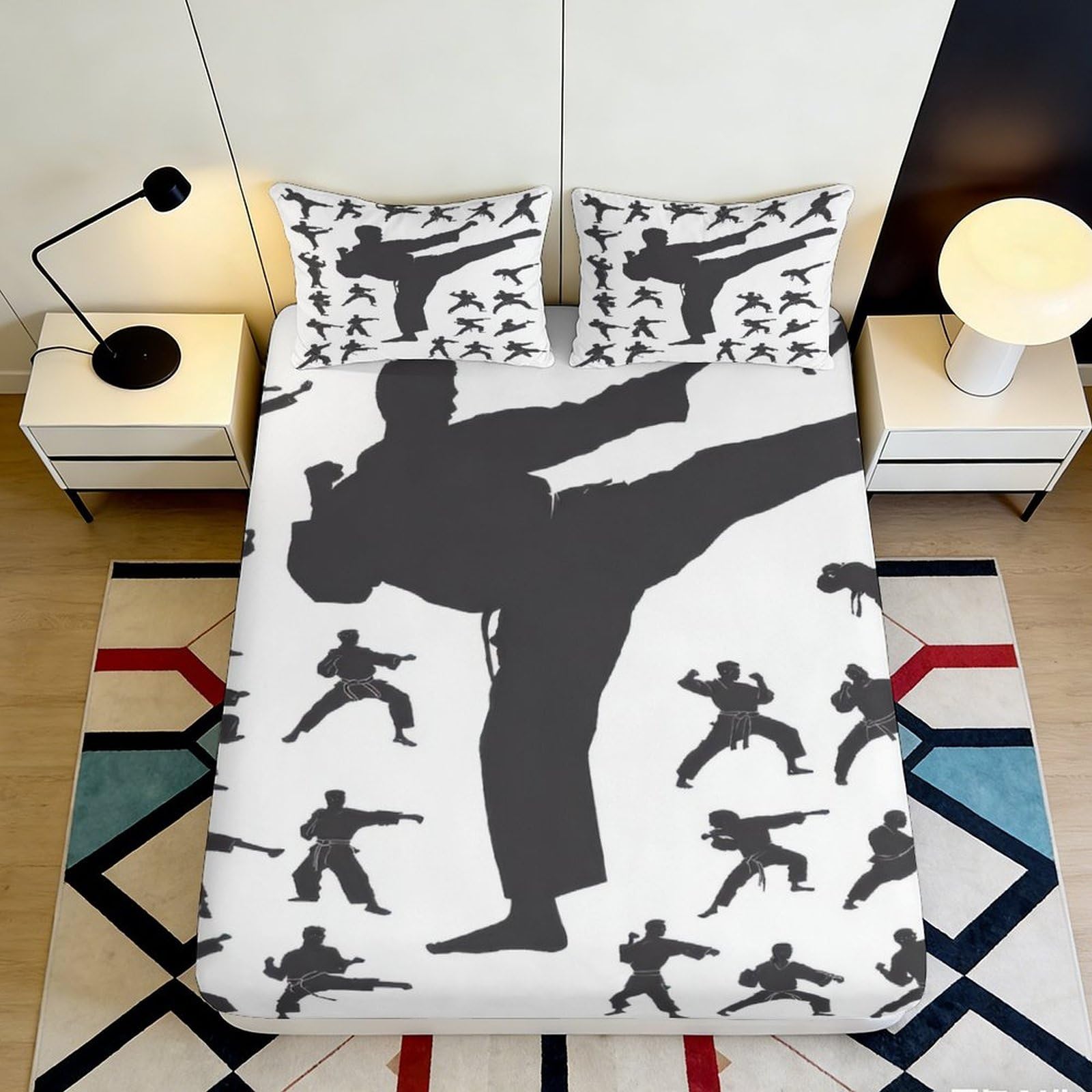 3D Printed Karate Kick Fitted Sheet Microfiber Black White Martial Arts Bed Cover for Bedroom Dorm Decor 90x200x25cm