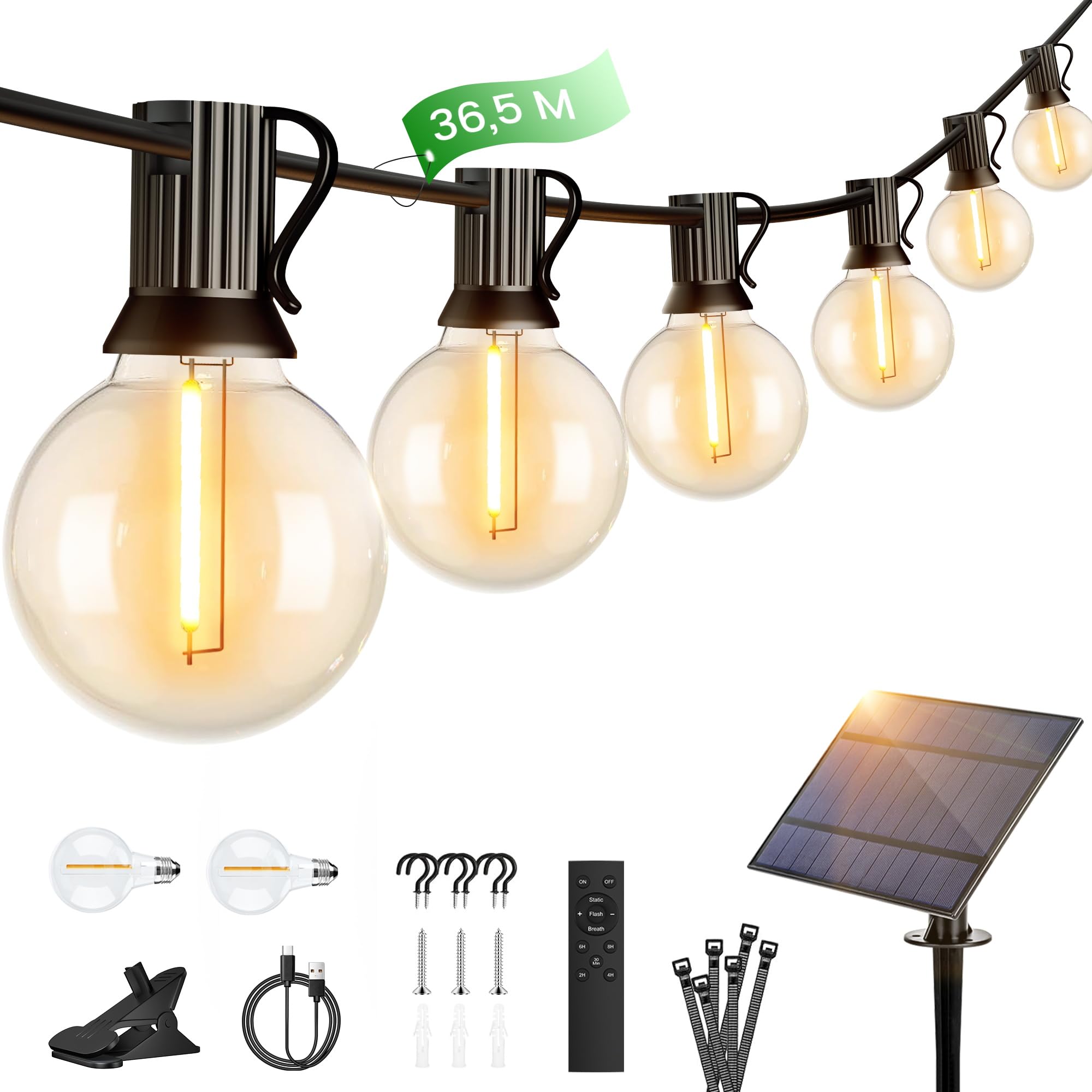 OHLUX 36M Solar Lichterkette Outdoor, Festonslichter mit Fernbedienung, 52 Unzerbrechliche G40 LED Lampen, IP65 Wasserdicht, 2200K Warmweiß, Balkon Lichterkette für Garten, Pavillon
