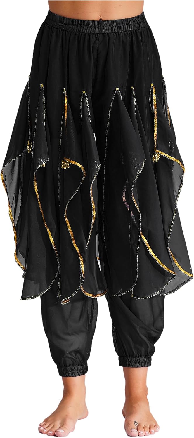 XUNZOO Women Ladies Sequins Belly Dance Performance Costumes India Arabian Stage Harem Pants Trousers