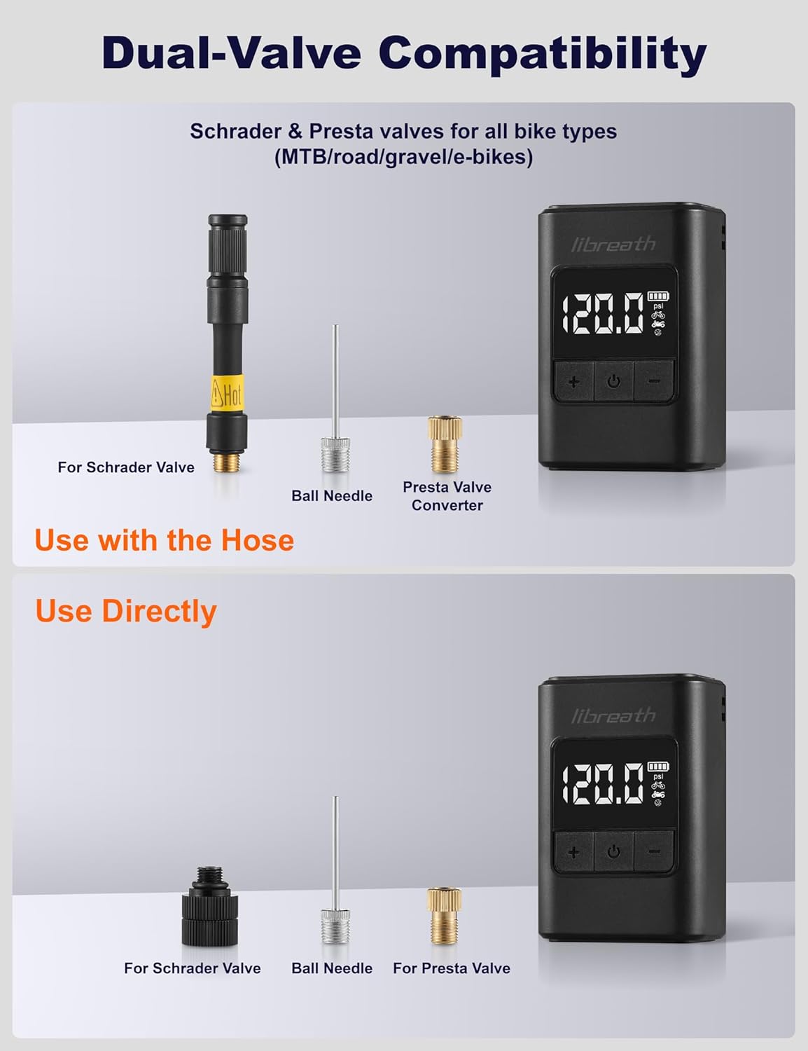 Bike Pump with Gauge, 120 PSI Mini Electric Bike Tire Pump, Auto Stop Air Pump with Presta and Schrader Valve, Portable Rechargeable Fast Inflation for Road Mountain Bike Bicycle Accessories