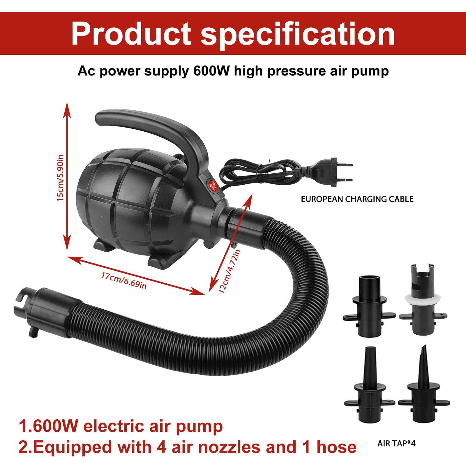 Elektrische Luftpumpe 600 W – Tragbar, Mit 4 Düsen & Aufblasschlauch – Max. 2,4 Psi, 1200 L/min – Für Luftmatratzen, Schwimmbäder, Boote & Paddleboards – Inkl. EU-Stecker Elektrische Luftpumpe 600 W – Tragbar, Mit 4 Düsen & Aufblasschlauch – Max. 2,4 Psi, 1200 L/min – Für Luftmatratzen, Schwimmbäder, Boote & Paddleboards – Inkl. EU-Stecker