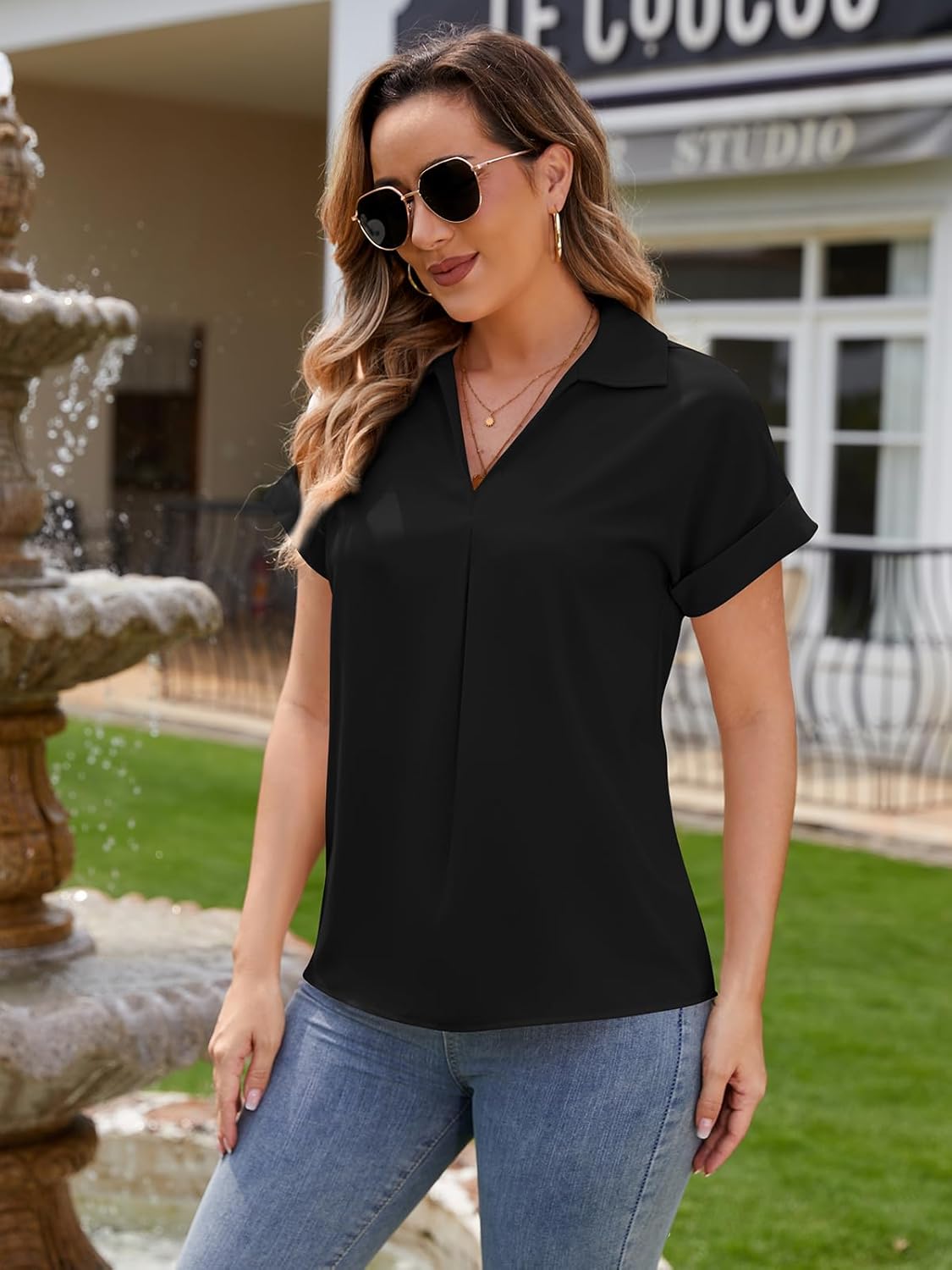 Blouses for Women Dressy Casual Summer Tops Short Sleeve Shirts Business Flowy Work Blouse V Neck Tunic - Image 4