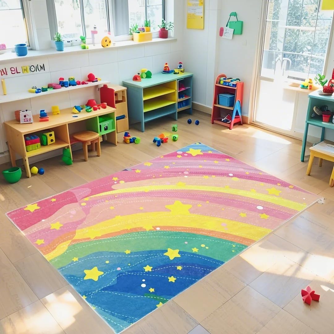 Kids Rug 3x5 Pink Girls Playroom Rug Colorful Stars Nursery Carpet Nonslip Washable Soft Mat Cute Kids Floor Carpet for Living Room Classroom Bedroom