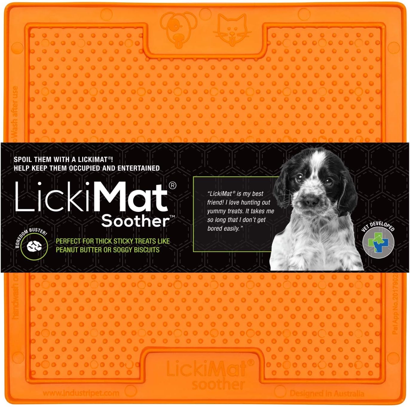 LickiMat 8"X8" 1 Piece Classic Soother Slow Feeder for Dogs Lick Mat Boredom Anxiety Reducer Perfect for Food Treats Yogurt Liquid Food Peanut Butter Fun Alternative to a Slow Feed Dog Bowl (Orange)
