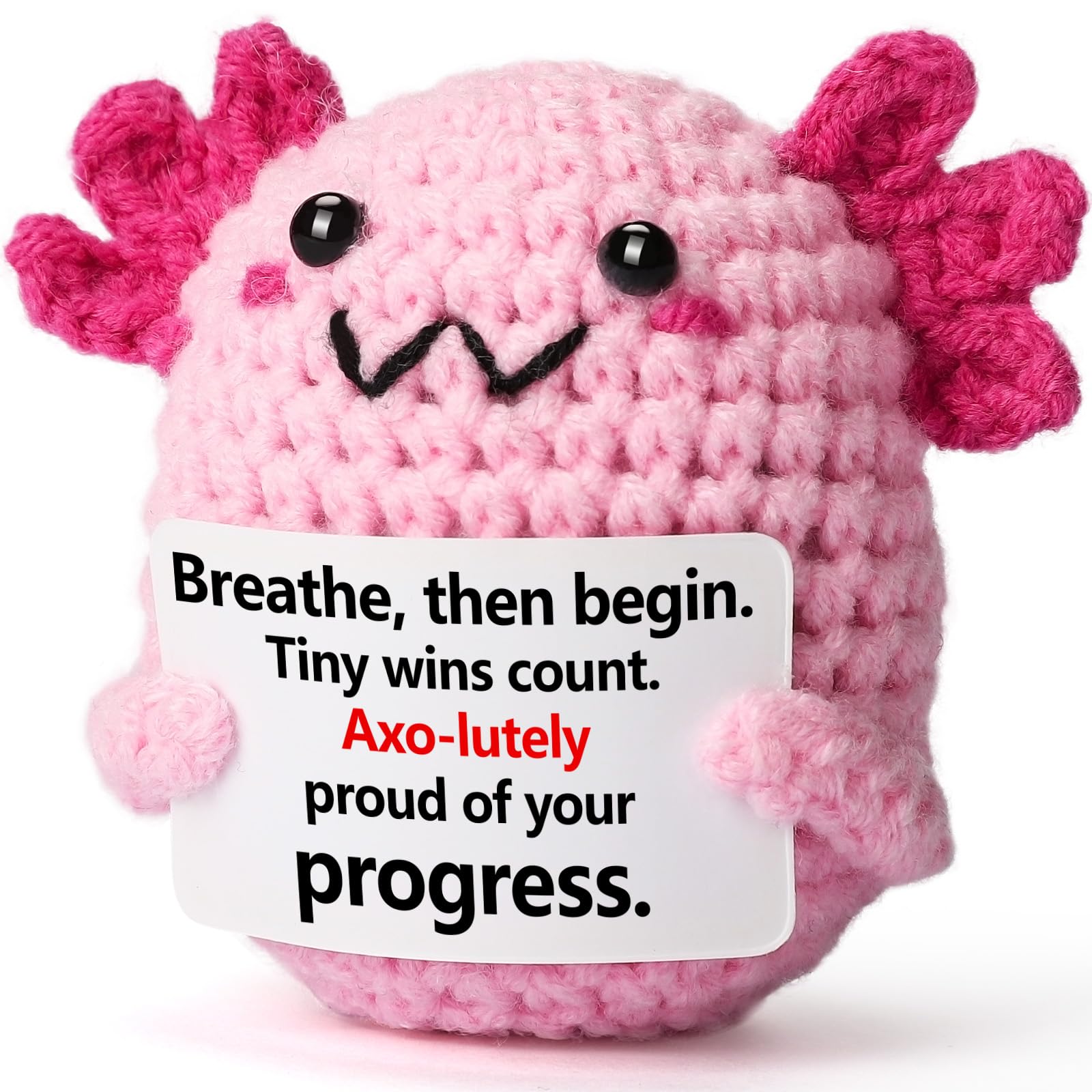 Self-Care Motivation – Mini Crochet Axolotl Plush with Story Card, Handmade Teen Girl Gift Trendy Stuff, Positive Micro Wins, Office Dorm Desk Decor, Pink Kawaii Stocking Stuffers