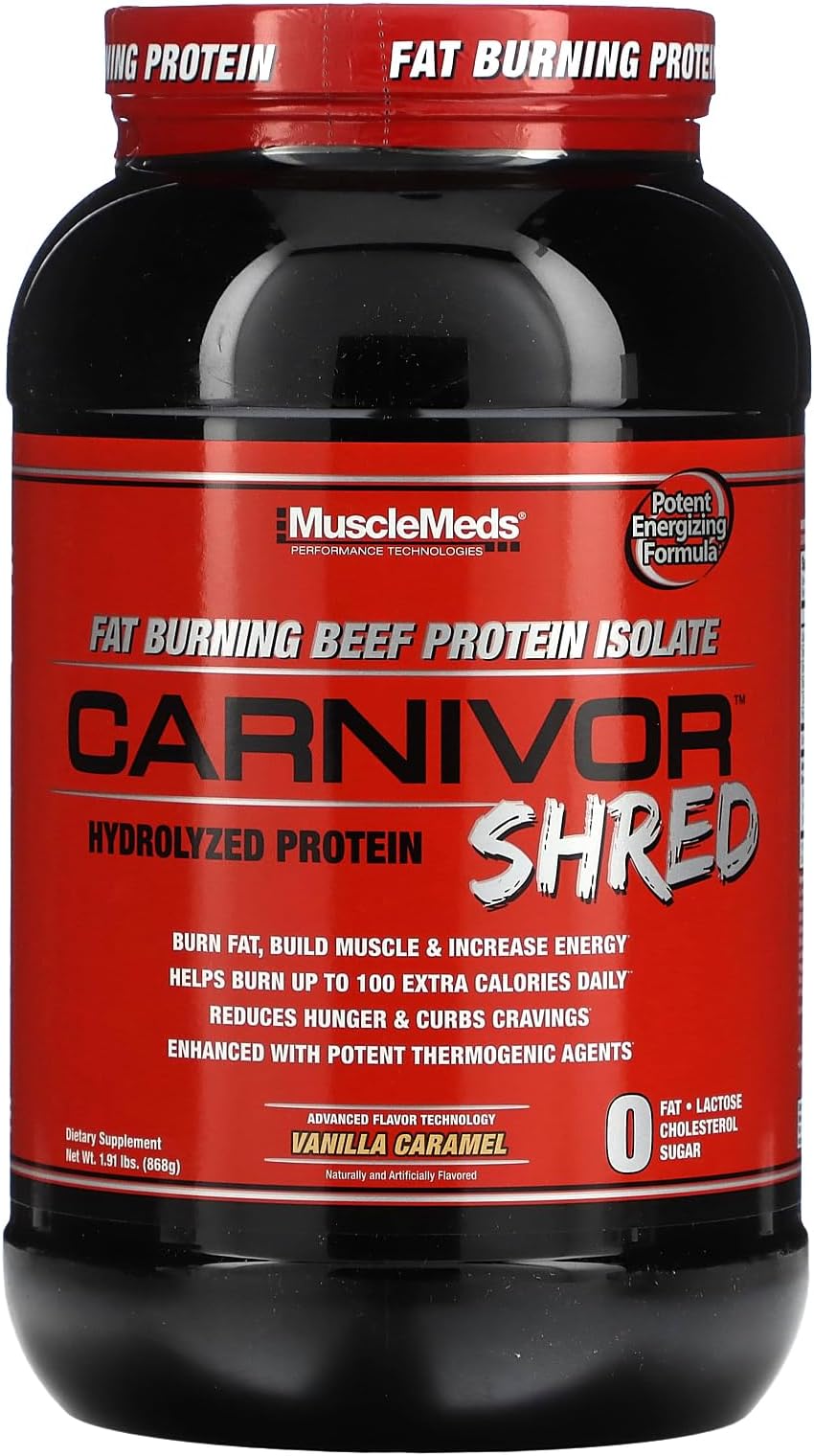 Carnivor Shred Fat Burning Hydrolized Beef Protein Isolate, 0 Lactose, 0 Sugar, 0 Fat, Vanilla Caramel, 2 Pound, 28 Servings