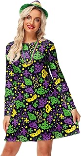 Women St Patricks Dress Long Sleeve Mardi Gras Holiday Printed A Line Dresses with