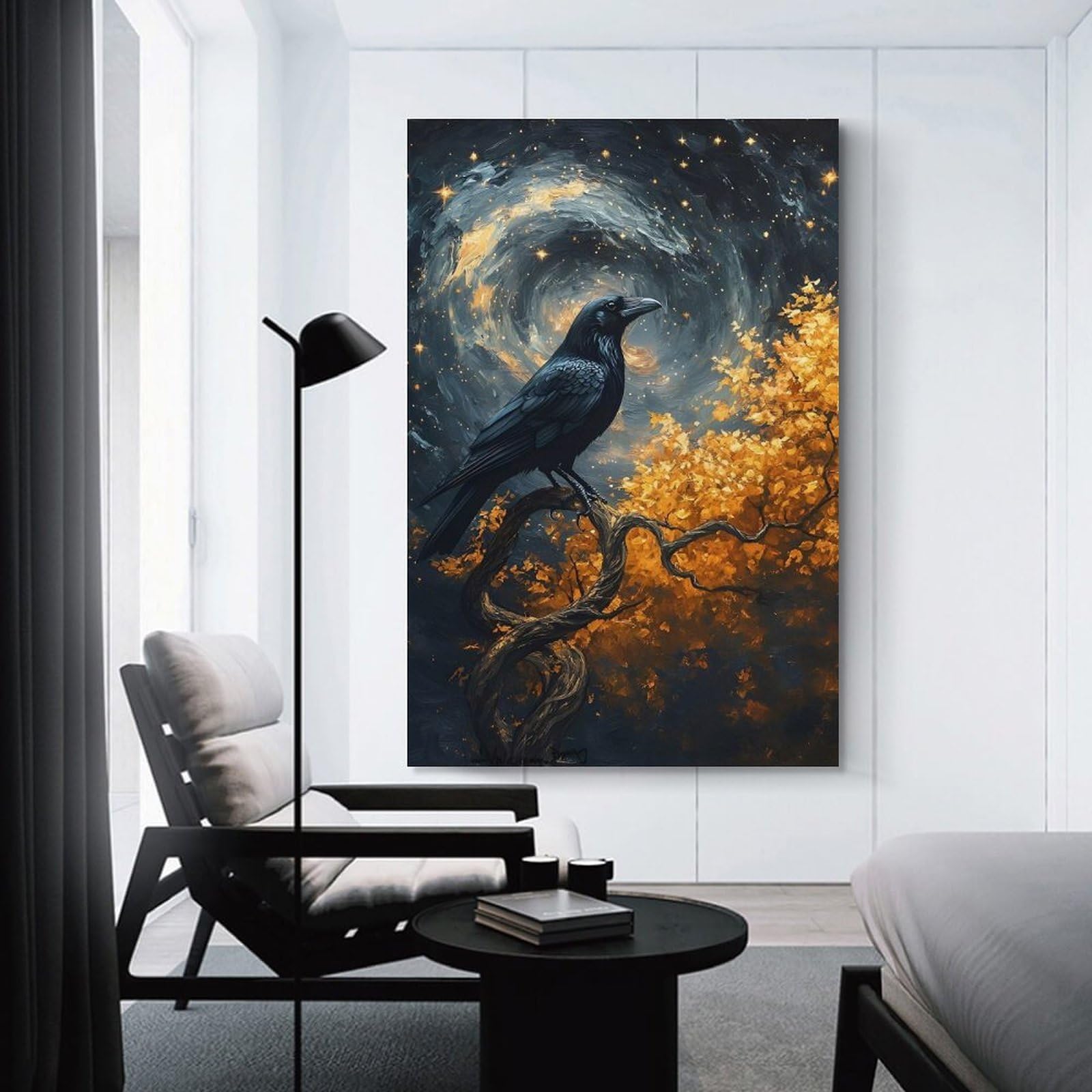 Junmoney Unframe-Style Canvas Wall Picture Raven On A Twisted Tree Under A Starry Sky, 16X24inch(40X60cm), For Bedroom, Lounge Or Dressing Area, Stylish Decor For A Restful Room Update