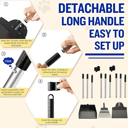 Miniatura 6 de Recogedor de excrementos de perro para perros grandes, paquete de 3 bandejas de metal ajustables de mango largo, rastrillo y pala con cubo para