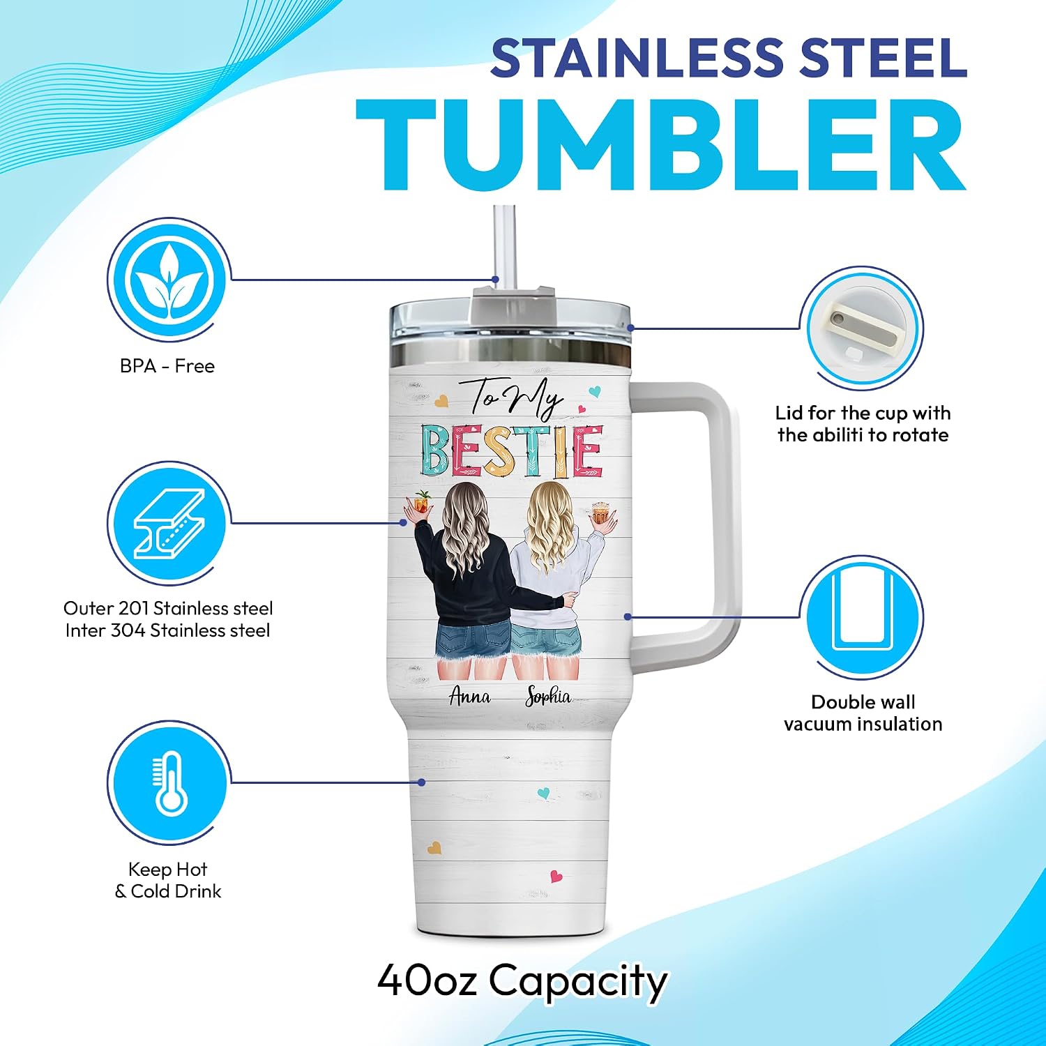 Hyturtle Personalized Besties Tumbler - Best Friend Gift For Women - Friendship Gift For Coworker - Custom Travel Coffee Cup 40oz With Lid And Straw