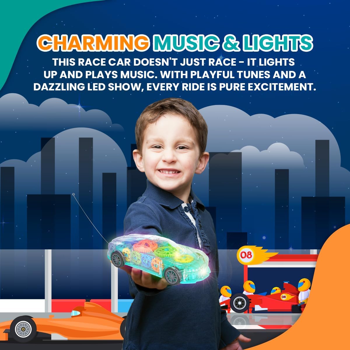 Playbees Light-Up Transparent Car with Remote Control, Toys for Autistic Kids Ages 3-5 Sensory Activity for Kids with Autism Special Needs Toys, Bump and Go Toys for Toddlers Music and LED Effects
