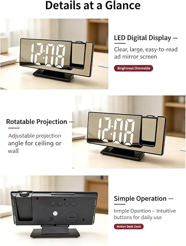 ChayWillow LED Mirror Projection Alarm Clock Natural Wood With Gold Hands – product photo 6 of 6