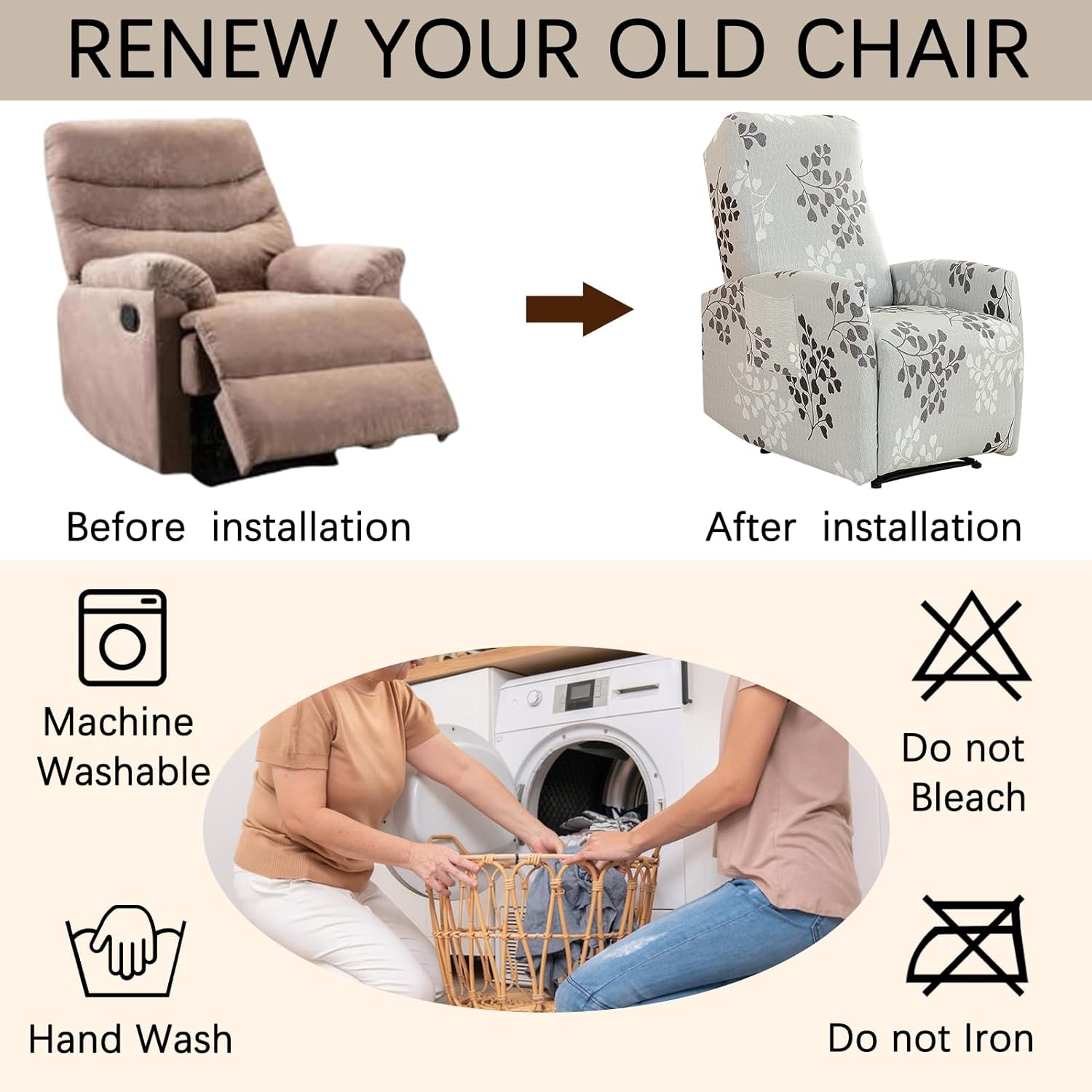 Printed Recliner Chair Slipcover Stretch Lazyboy Recliner Armchair Cover Modern Leaves Single Sofa Covers with Pocket for Living Room Hotel Gray Foliage
