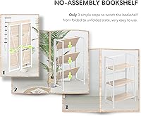 Vista 5 de 4NM No Assembly Folding Bookshelf Storage Shelves 3 Tiers Vintage Bookcase Standing Racks Study Organizer Home Office (Natural White)