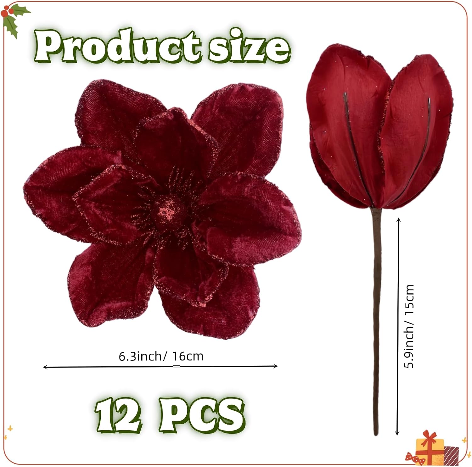 12 Pcs Christmas Velvet Poinsettia Flowers Ornaments, Glitter Artificial Magnolia for Xmas Tree Decorations (Burgundy, 6.3 Inch)