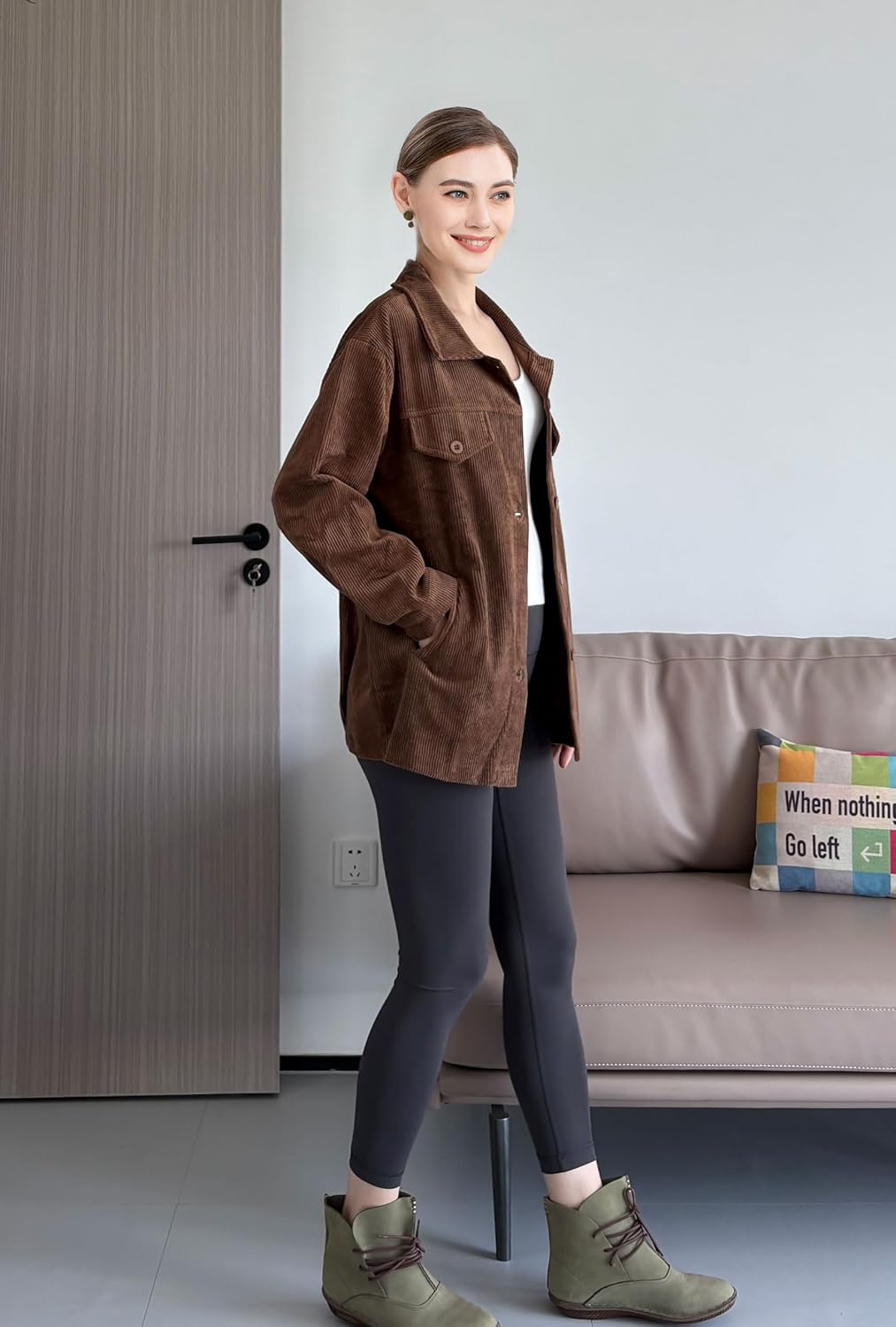 Minibee Women's Corduroy Jacket Long Sleeve Shacket Button Down Shirts Casual Coats Tops with Side Pockets - Image 3