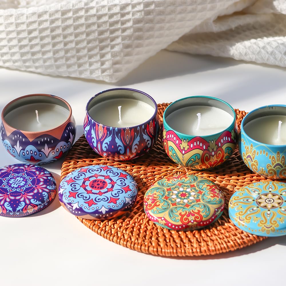 Pack de 6 a 30 uds, Velas aromáticas, diseño mandala oriental en lata metálica, 6 x 4 cm, Colores surtidos, Detalles para invitados, Regalantes (24)