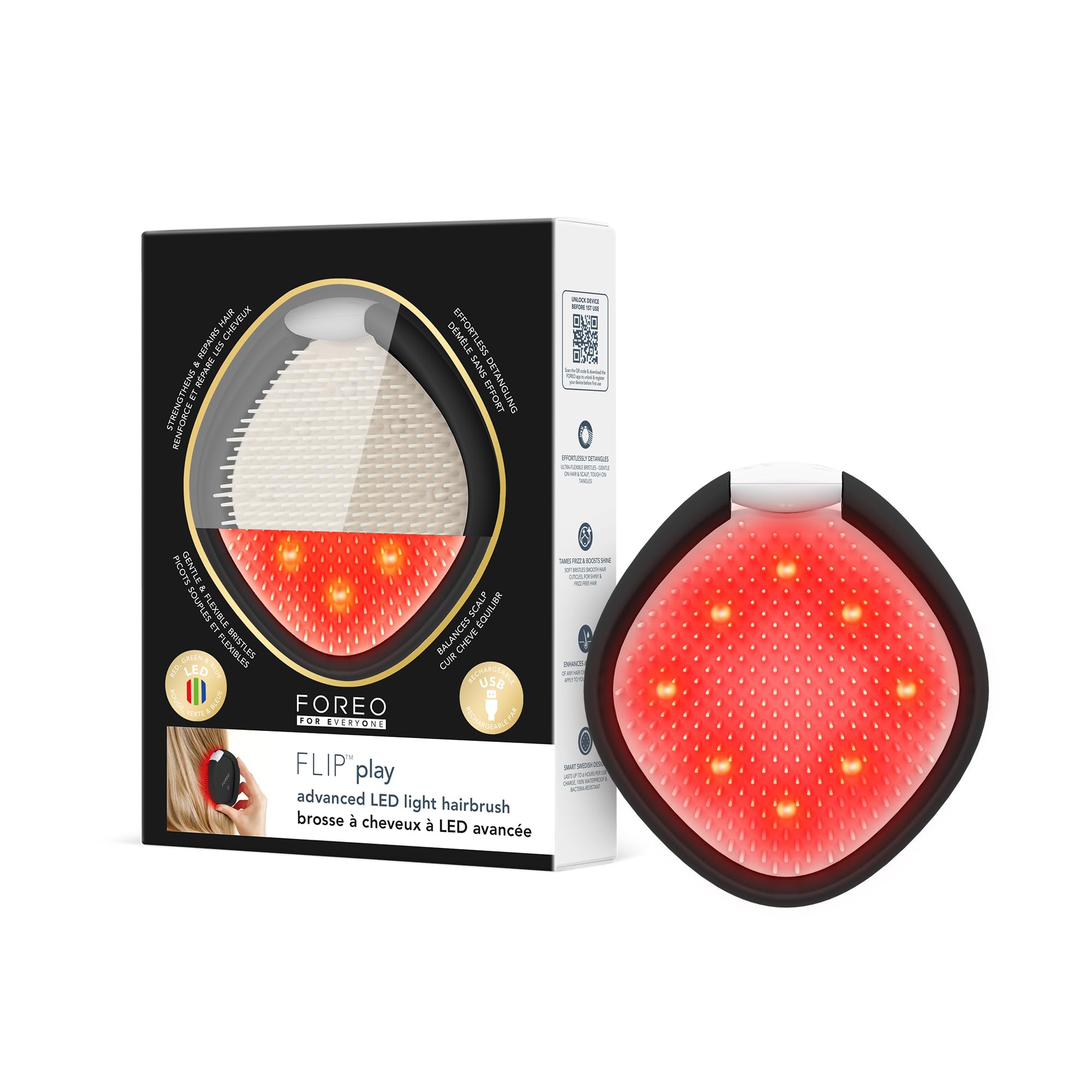 FOREO FLIP Play Advanced LED Light Hairbrush - Multi-Functional 3-in-1 Hair & Scalp Tool with Red, Blue & Green Light Modes – Designed to Support Scalp and Hair Appearance - Midnight Magic!