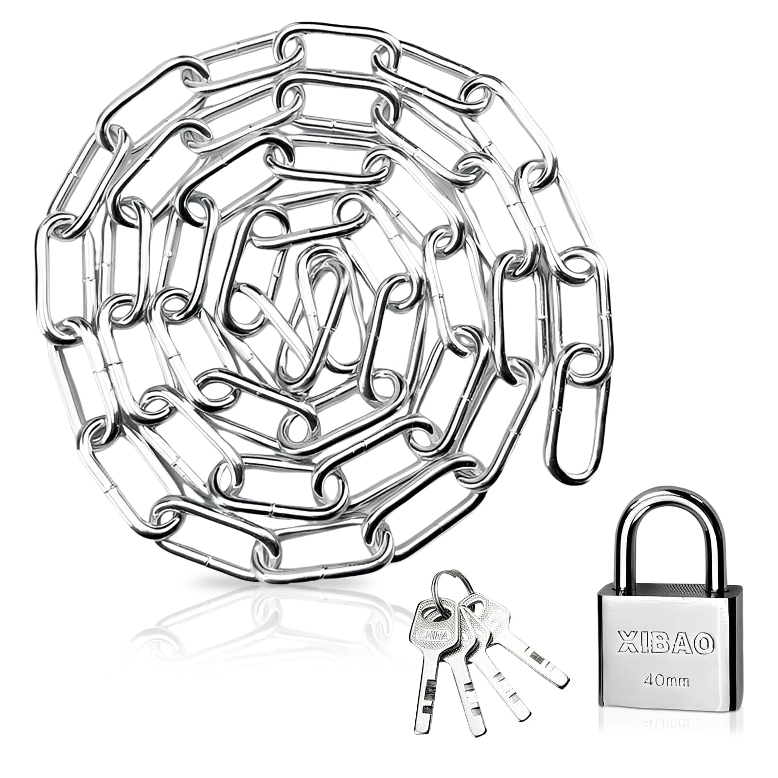 7MMx80CM Heavy Duty Padlock and Chain, 304 Stainless Steel Chain Link High Security Chains Metal Gate Chains Bike Chains Lock for Motorbike Bicycle Scooter, Outdoor Anti-Theft Security with 4 Keys