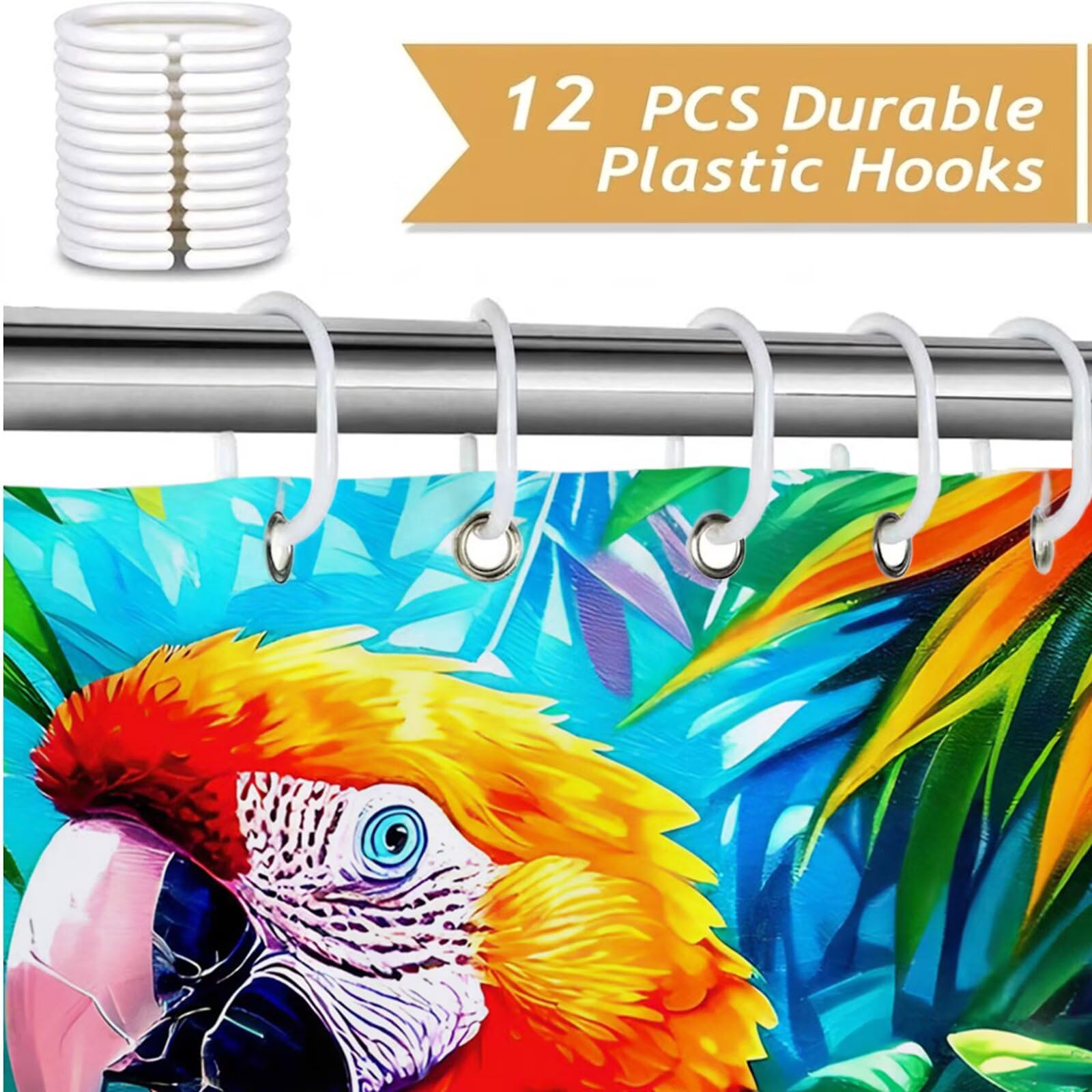 Wasserdichter Duschvorhang Anti-Schimmel 240x200 cm, Waschbar Schnelltrocknend Textil Stoff Polyester Duschvorhang Papagei Shower Curtain mit Gewicht und 12 Ringe für Badewanne, Bunt J8-669