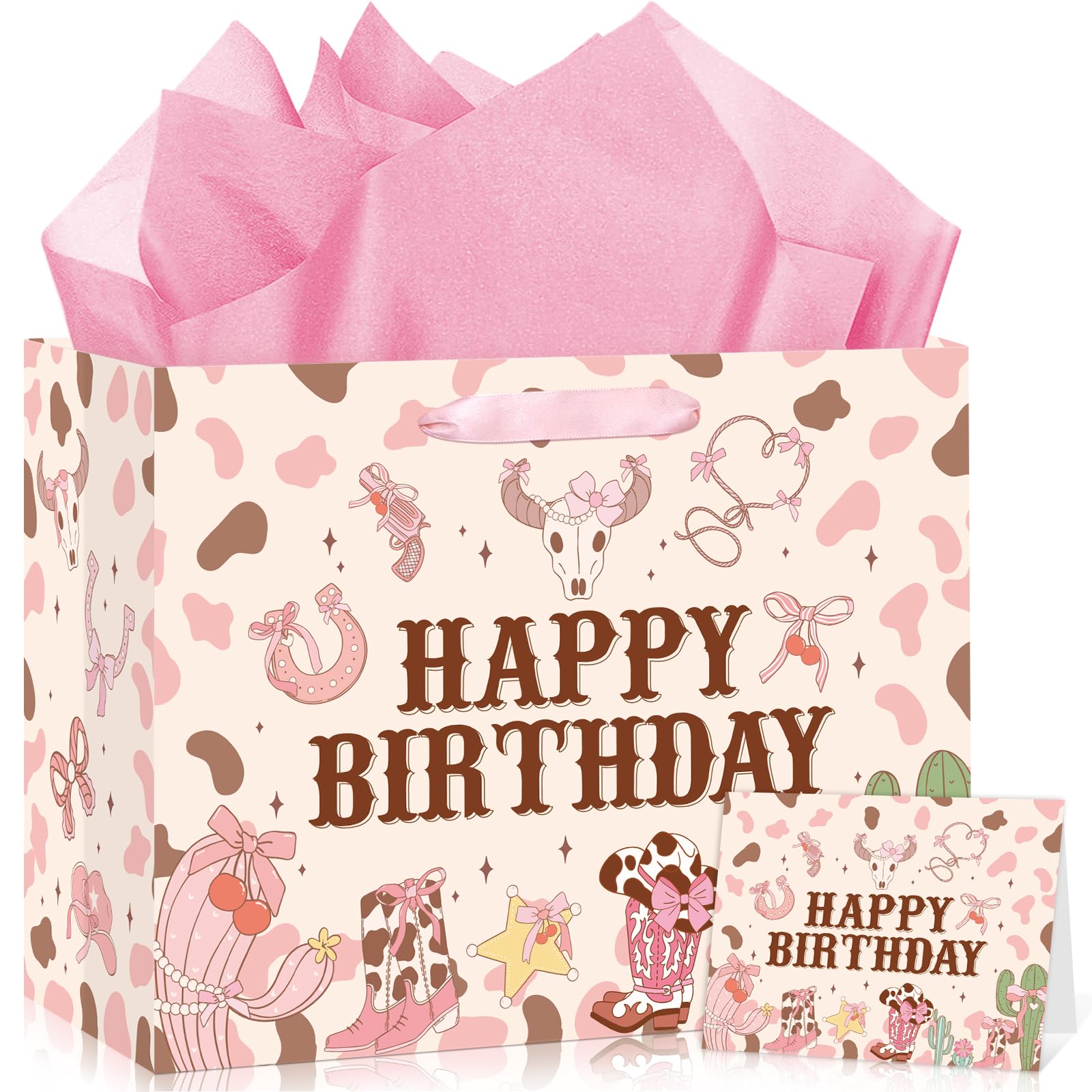 Wauprant Large Cowgirl Birthday Gift Bag for Girls Pink Wild West Western Happy Birthday Gift Bag with Wrapping Paper and Card for Girls First Rodeo Baby Shower Bachelorette Bday Party Supplies