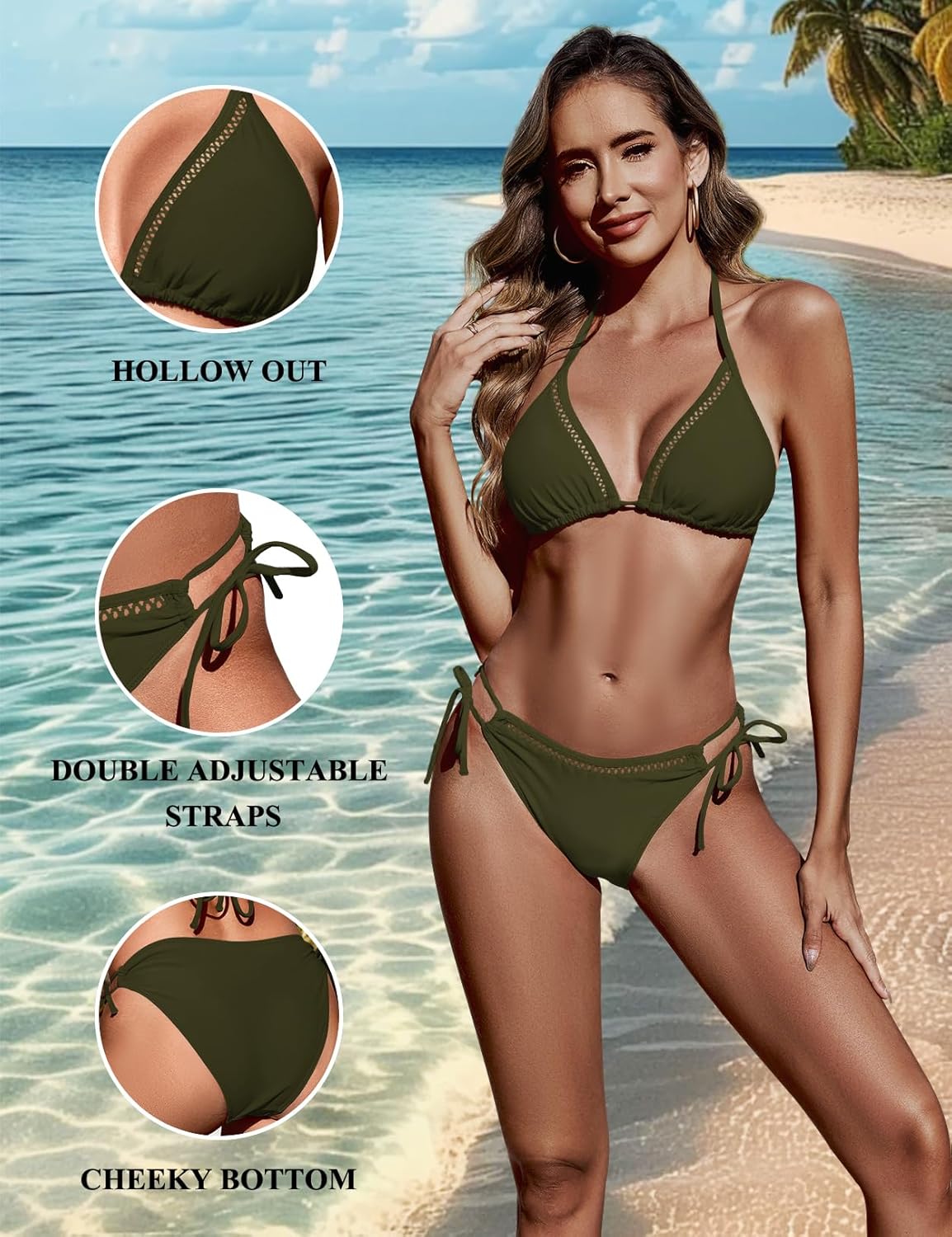 Women Two Piece Swimsuit Halter Triangle Hollow Out Bathing Suits Cheeky String Bikini Sets - Image 5