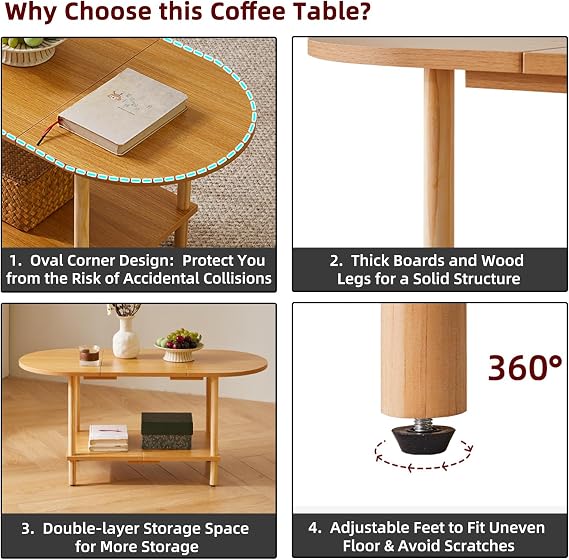 Aibiju Wooden Tea Table Splicing Design, 2 Tier Coffee Table for Living Room, 35x16x17inch TV Table Stand with Storage Shelf Natural Wood Color YD-011N