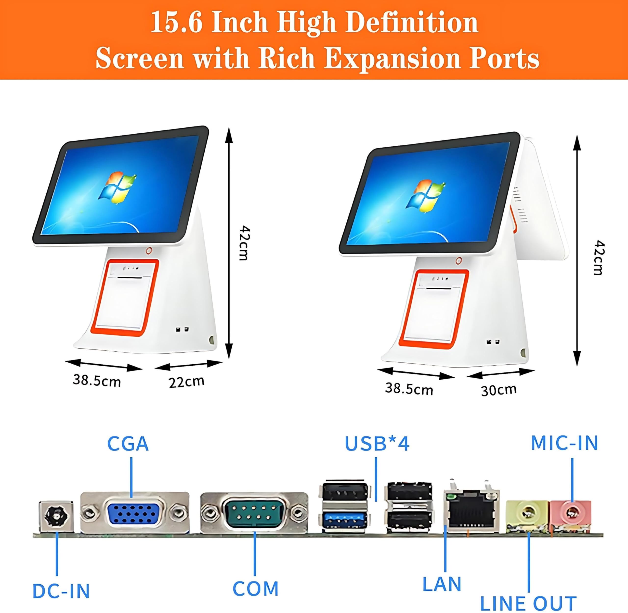 Caja registradora TPV, Sistemas TPV Todo en uno con Pantalla táctil Dual de 15,6", Sistemas TPV para pequeñas Empresas con CPU I3, 8 GB de RAM, 128 GB SSD, Windows 7/10