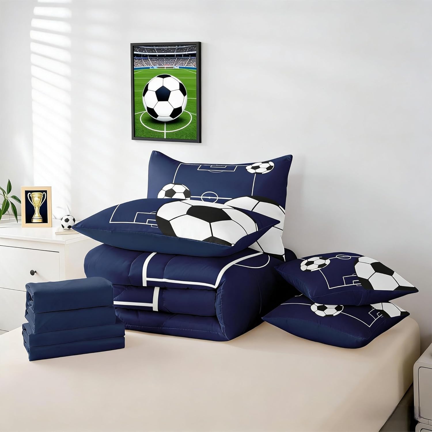 Erosebridal Football Bedding Set Twin Size 7 Pieces Boys Sports Theme for Teens Soccer Ball Pattern Bed in a Bag Football Court Comforter Set with Sheets Playground Blue White for Kids Girls
