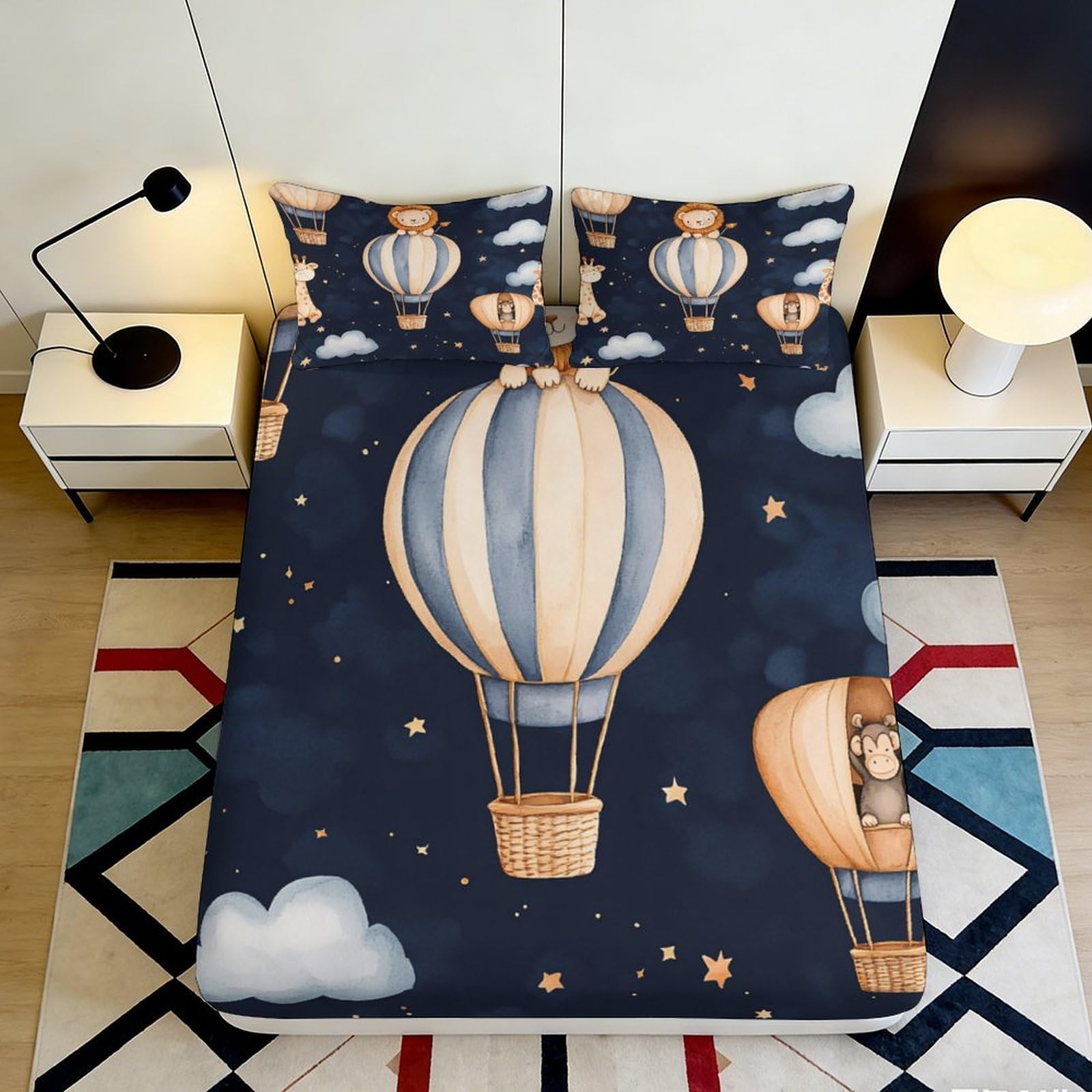 3D Printed Hot Air Balloon Fitted Sheet Microfiber Soft Breathable Night Sky Bed Cover for Bedroom Dorm Decor 90x200x25cm
