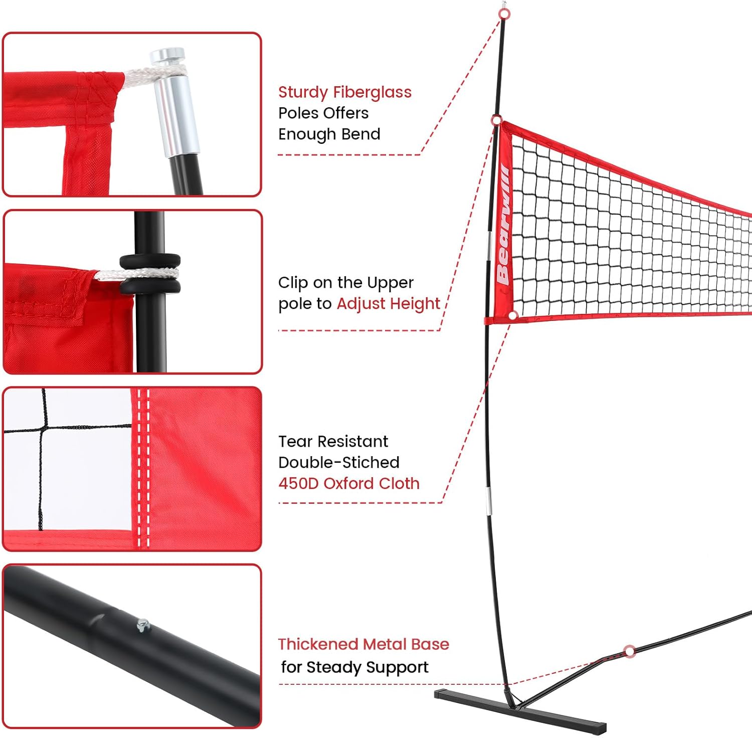 Bearwill Volleyball Net, 12FT Portable Volleyball Net for Backyard, Freestanding Volley Ball Set Height Adjustable with Carry Bag, Volley Ball Practice Nets Training Equipment for Indoor and Outdoor