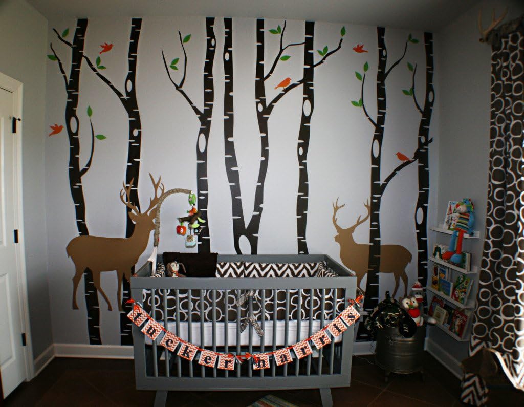 Get Cheap Price Innovative Stencils Birch Tree Wall Decal Forest with Snow Birds and Deer Vinyl Sticker Removable (9 Trees) #1161 (White Trees - Dark Gray Animals, 108 (9ft) Tall)