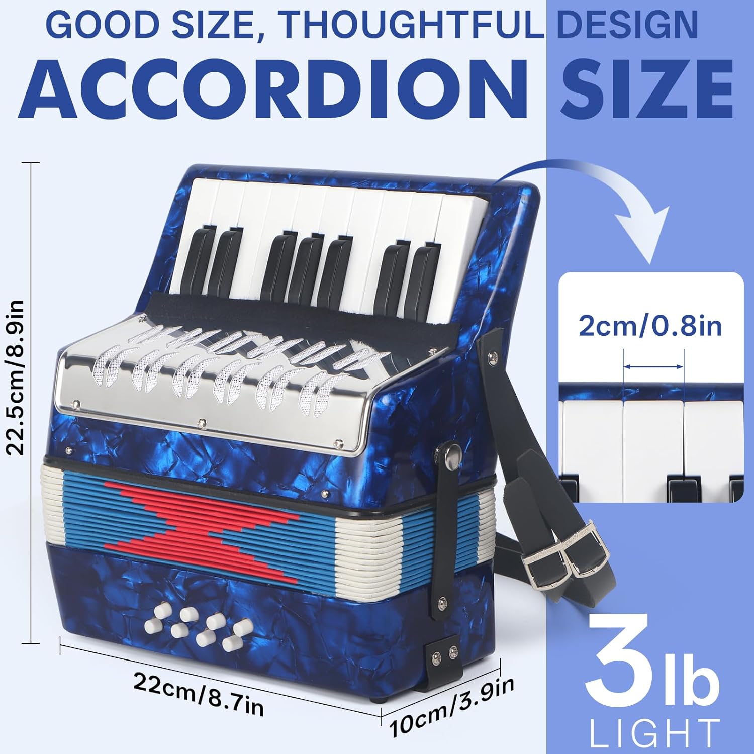 AKLOT 17 Key Piano Accordion, Lightweight & Compact Acordeon, Celluloid Accordions Brighter and Pure Tone than Plastic, Durable Metal Cover with Straps, Manual for Adult Beginners Acordeón (Blue)