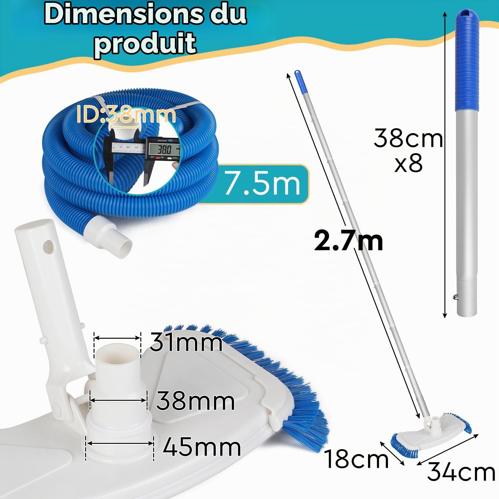 EFUTURETIME Aspirateur de Piscine Manuel avec φ38 mm Tuyau de 7,5 m | Tête d’aspiration Lestée avec Perche Télescopique 2,7 m et Rouleaux et Brosses Latérales et Lnférieures