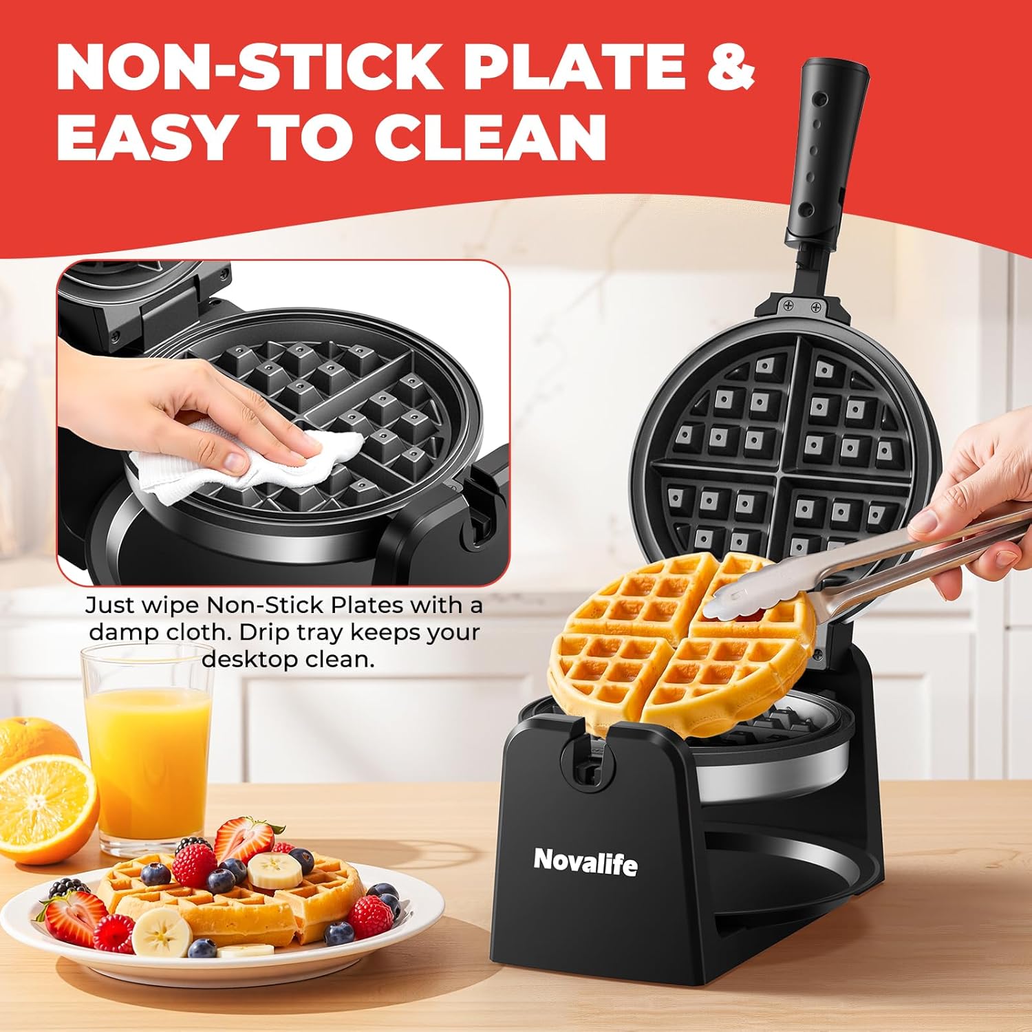 Waffle Maker, Rotating Belgian Waffle Maker, 180° Flip Waffle Iron, Non-Stick Plate, Adjustable Browning Control, Foldable Cool Touch Handle, Removable Drip Tray, Space Saving Storage, Stainless Steel
