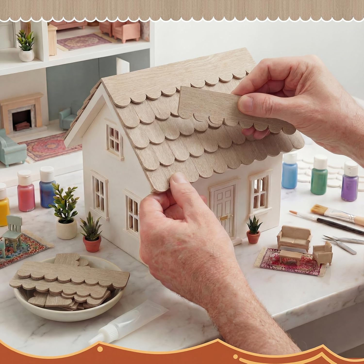 Wenqik 100 Strips Dollhouse Roof Shingles 4.25 x 1.14 Inches Each Mini Fish Scale Wooden Dollhouse Miniature Roofing for 1: 12 Scale Doll House Projects DIY Miniature Landscapes (Light Brown)