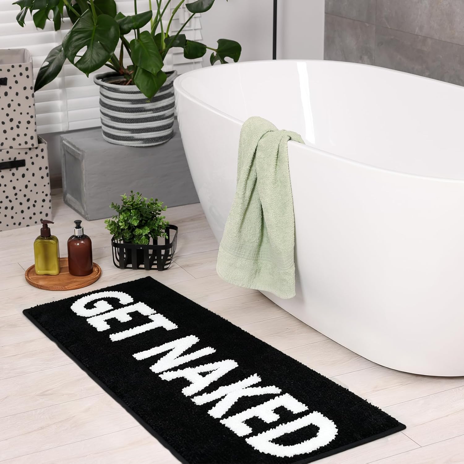 Get Naked Bath Mat Black and White Long Bathroom Rugs Runner Non Slip Washable Quick Dry Absorbent Funny Microfiber Large Bath Mat,17 * 47 Inch