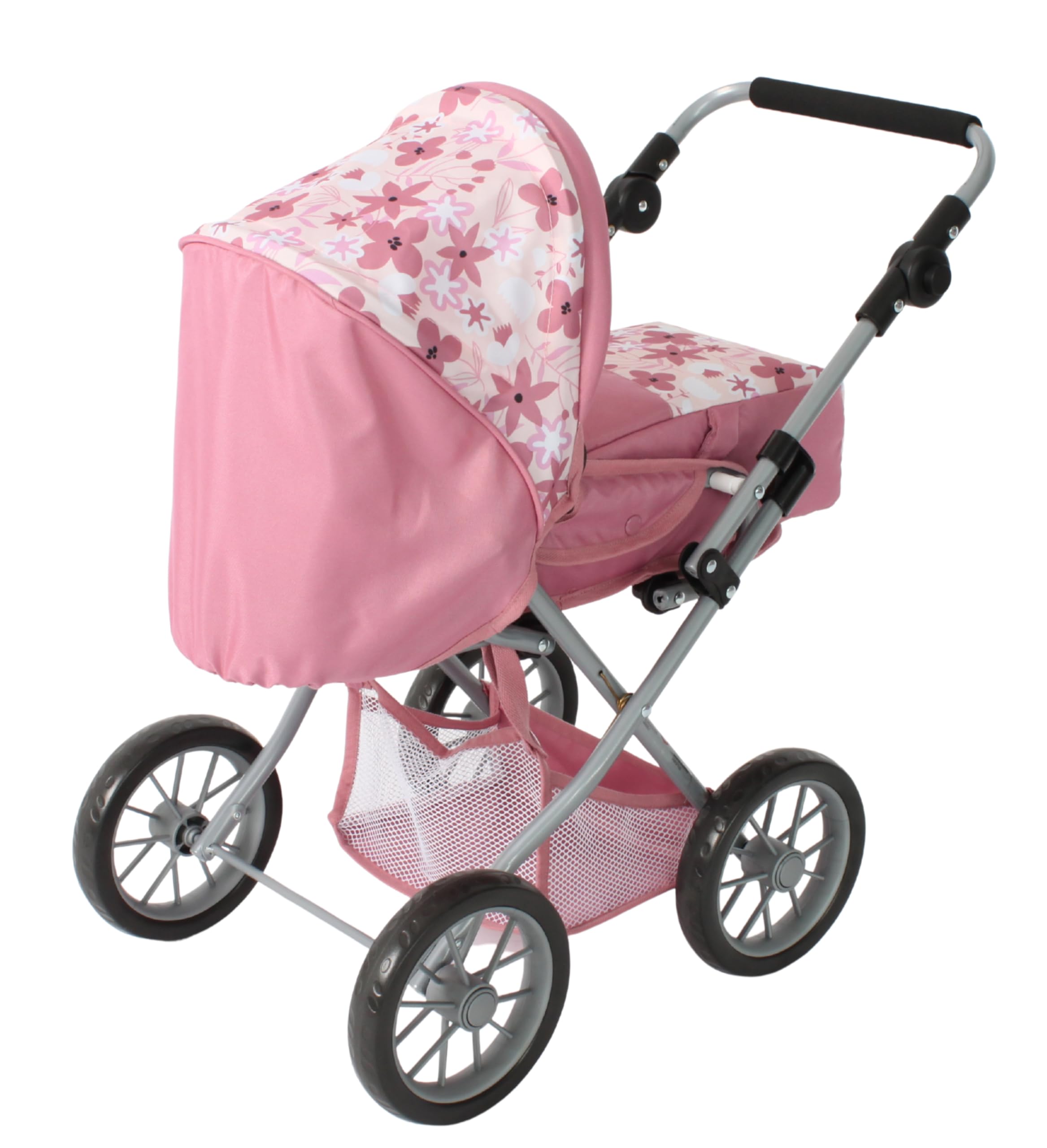 Bayer Chic 2000® Wózek dla lalek Leni kombi 3 w 1 – kwiaty różowe – składany, uchwyt z regulacją wysokości 43-67 cm, torba do przenoszenia – lalki do 46 cm, od 3 J.