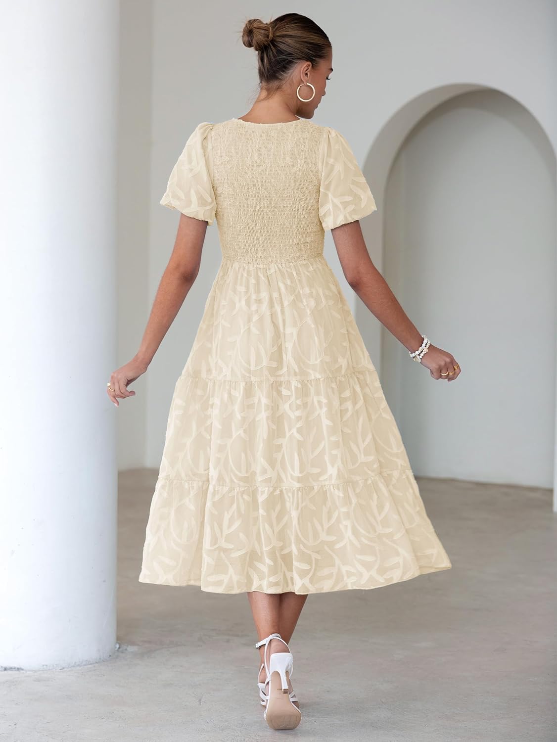 BerryGo Womens Summer Chiffon Midi Dress Short Sleeve Flowy Smocked Crewneck A Line Tiered Wedding Guest Dresses 2026 - Image 4