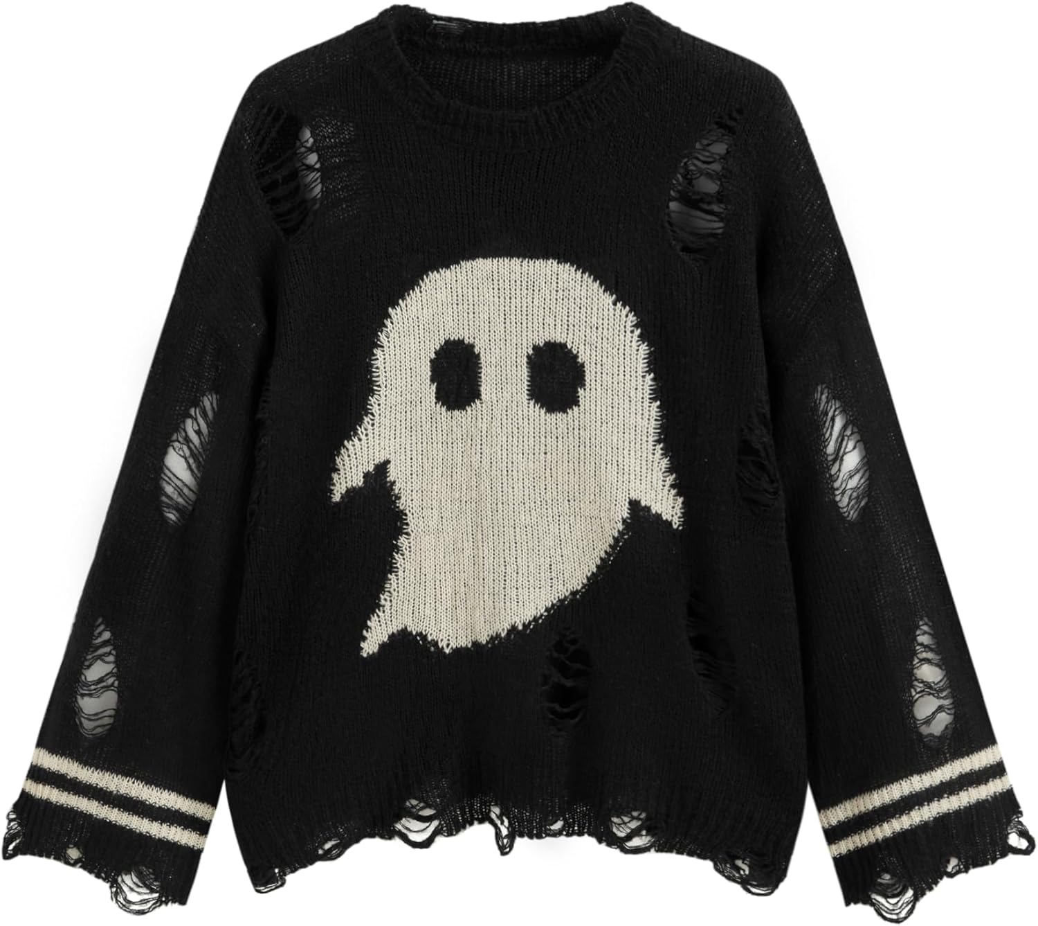 CIDER Knit Ghost Pattern Stripe Ripped Oversized Top Curve & Plus: Black, 2XL