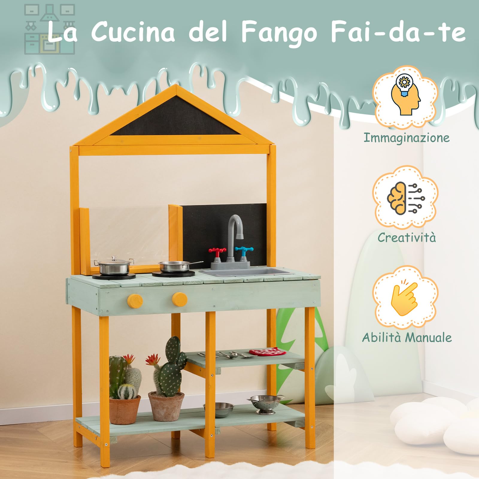 COSTWAY Cucina Giocattolo per Giardino con Vaso da Piantinaggio Trasparente, Rubinetto e Lavandino Rimovibile, Cucina in Legno di Abete per Bambini, Set Cucina con 8 Accessori (Verde e Arancio)