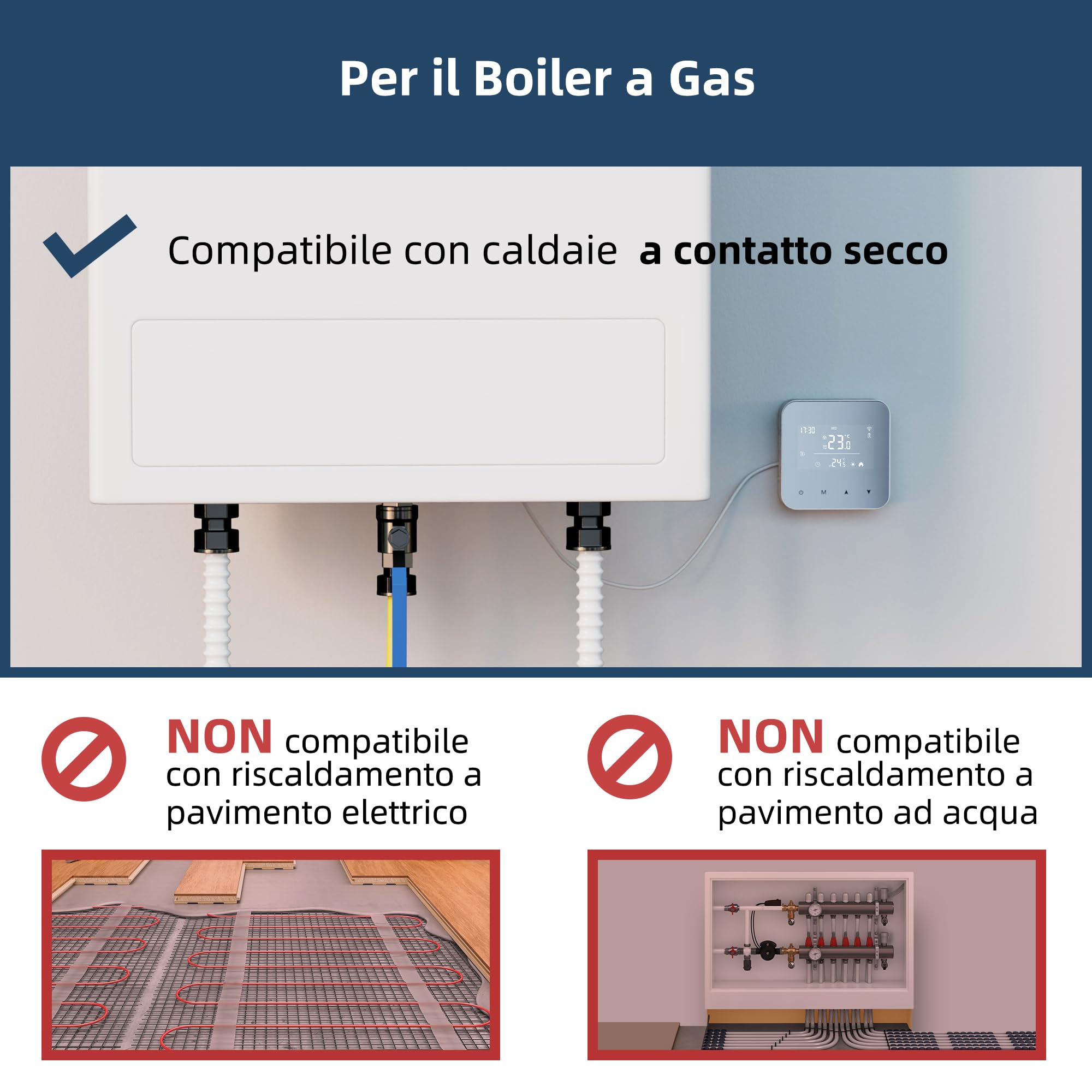 Termostato 2 fili Wi-Fi a batteria, adatto per caldaie a gas. Termostato programmabile giornalmente, compatibile con Google Assistant e Alexa. controllabile da remoto tramite TUYA o Smart Life.