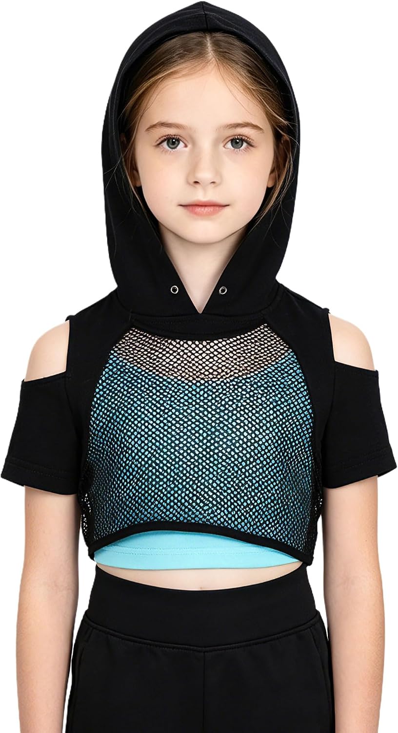 Kids Hollow Out Mesh Hooded Top Dance Cropped Vest