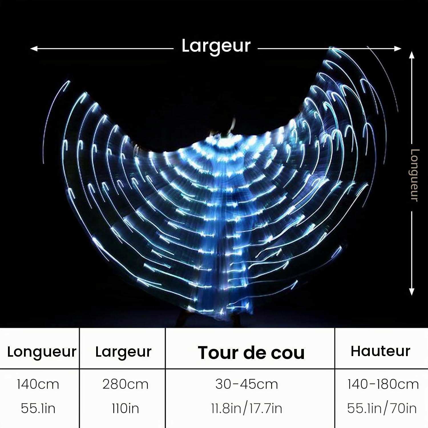 Ailes LED Isis, ailes pour danse du ventre avec ailes de papillon LED colorées et bâtons télescopiques lumineux - Costume de performance pour carnaval, scène, Halloween, Noël, fête (Adulte, Blanc