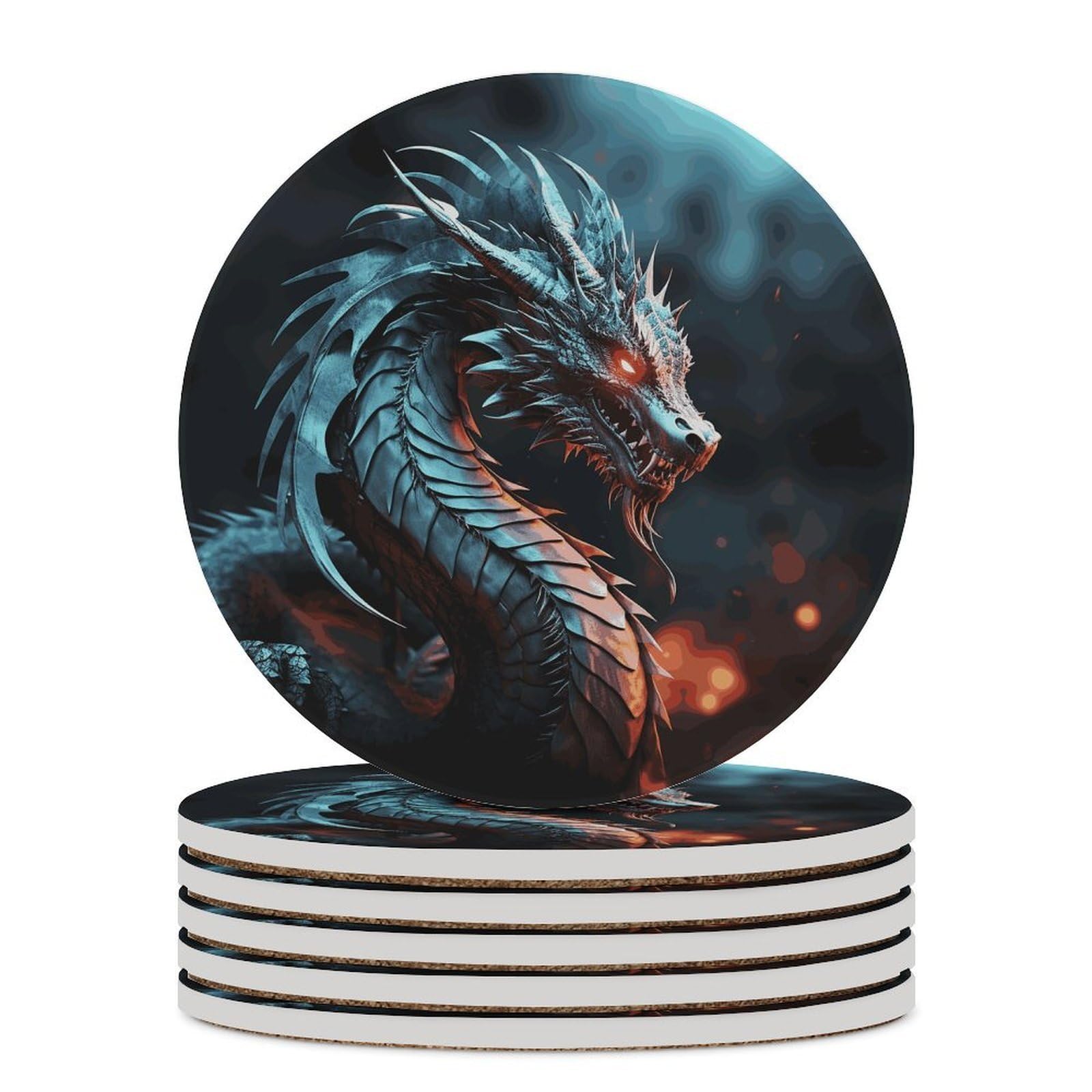 Dragon Coasters for Drinks Absorbing Round Ceramic Stone Coaster with Cork Base Coffee Cup Beverage Table Cup Mat Modern Style Bar Coaster Set for Home Decor