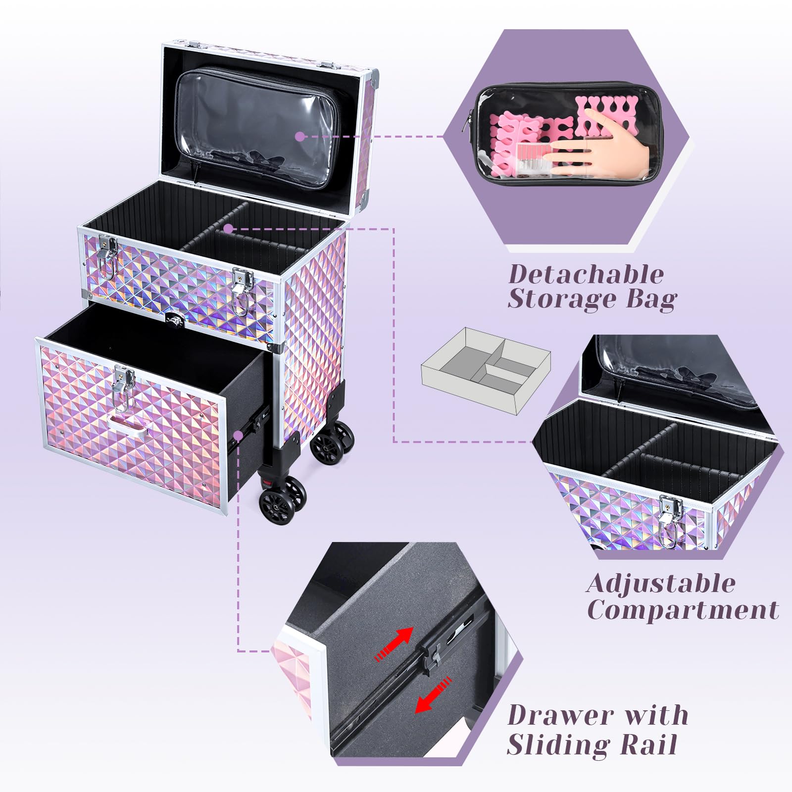 Kosmetikkoffer Trolley Kosmetik Trolley mit Schublade Make up Koffer Schminkkoffer Friseurkoffer mit Rollen Beauty Case Nagelkoffer Nageldesign Koffer,Rosa